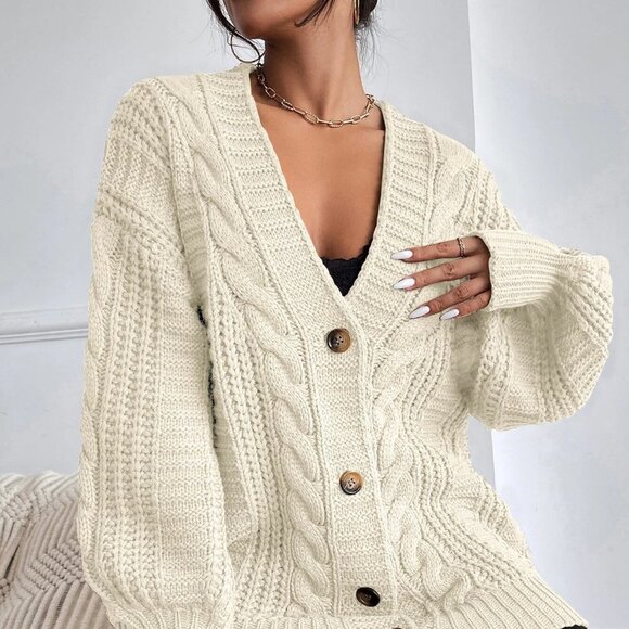 Beige Casual Womens Solid Button Front Cable Knit Cardigan - Picture 3 of 5
